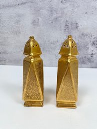 Vintage Rickard Gold Tone Porcelain Salt And Pepper Shakers.