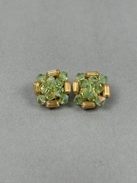 Vintage Gold And Green Rhinestone Clip Earrings