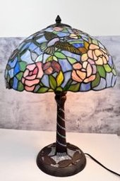 Table Lamp With Hummingbird Stained Glass Shade And Dragonfly Base. (A)