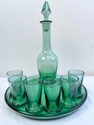 Green Glass Decanter, Glasses And Tray.