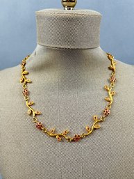 Pink Leaf And Flower Goldtone Necklace