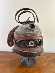 African Tribal Helmet Mask Of Light Wood And Basket Weave-very Unusual