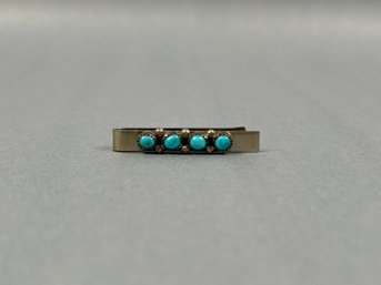 Vintage Silver And Turquoise Tie Clip