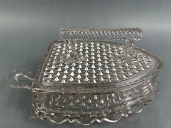 Iron Shaped Covered Glass Candy Dish.