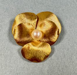 Gold Tone Brooch With Cultured Pearl By Krementz
