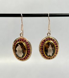 Sterling Silver With Gold Overlay With Gem Stones Drop Pierced Earrings