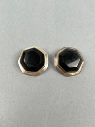 Taxco Modernist Silver And Onyx Clip Earrings