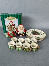 Doll House Miniatures  - 3 Teapots - 3 Plates And 12 Cups