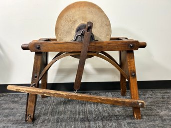 Antique Foot Powered Grindstone On Wood Base.