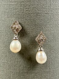 14K White Gold, Diamond & Pearl Drop Pierced Earrings