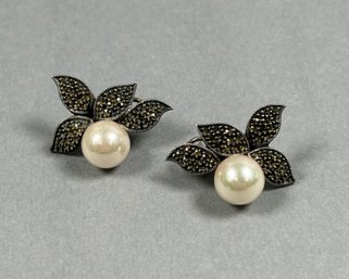 Sterling Silver, Marcasite & Faux Pearl Pierced Earrings