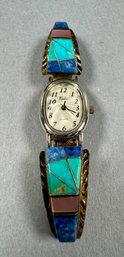 Nadia Quartz  Sterling Watch With Blue Lapis, Turquoise And Other Stones