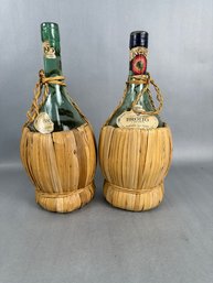 2 Vintage 1950s Green Glass Wine Bottles W/straw Bottoms - Italy