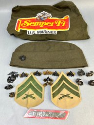 USMC Cap, Dew Rag, And Various Insignia.