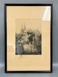 Vintage European Town Etching