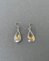 Sterling Silver And Yellow Stone Earrings.