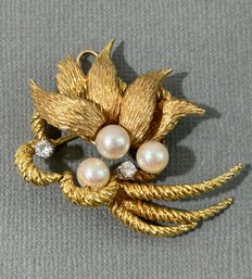 Vintage 18k Gold Diamond Pearl Brooch