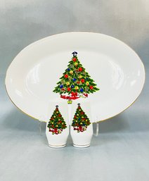 Christmas Tree Serving Platter And Salt & Pepper Shakers