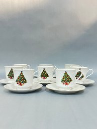 Set Of 8 Christmas Tree Cups & Saucers