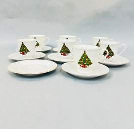 Set Of 7 Christmas Tree Cups & Saucers, With Extra Saucer