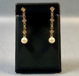 Faux Pearl Pierced Earrings With Crystal Stones