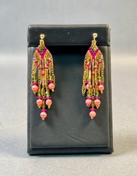 Pink & Gold Beaded Dangle Pierced Earrings