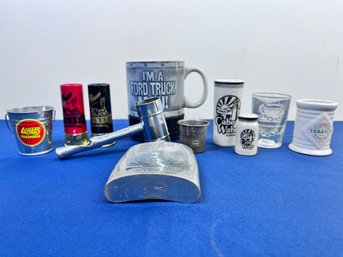 8 Shot Glasses, Ford Coffee Cup, English Pewter Flask And A Salt Shaker.