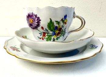 Three Piece Meissen Hand Painted Flowers & Gold Entwined Handle Large Tea Cup & Saucer