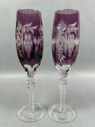 Ajka Marsala  Pair Of Amethyst Cut Glass Fluted Champagne Goblets