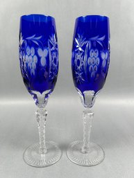 Ajka Marsala Pair Of Cobalt Blue Cut Glass Fluted Champagne Glasses