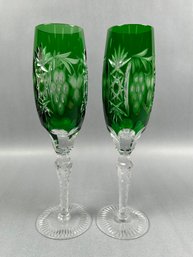 Ajka Marsala Pair Of Emerald Green Cut Glass Fluted Champagne Glasses