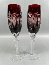 Ajka Marsala Pair Of Ruby Red Cut Glass Fluted Champagne Glasses -