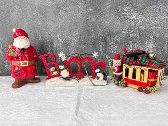 Lot Of 3 Christmas Decorations. Santa, Street Car And Snowman Scene.