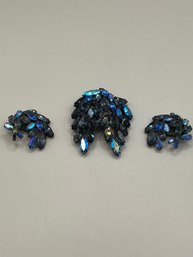 Dark Blue Rhinestone Earrings And Brooch (missing A Stone)