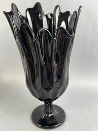 Fenton Black Thumbprint Hankerchief Glass Footed Vase