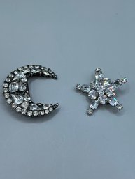 2 Vintage Rhinestone Pins/brooches 'moon & Star'