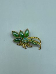 Costume Jewelry Green Rhinestone And Green Stone Floral Pin