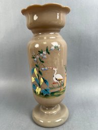 Tan Bristol Glass Vase With Asian Crane Motif