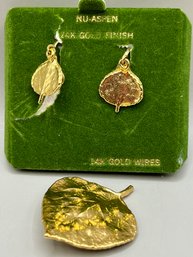 Nu-Aspen Broad Leaf Earrings & Brooch With 14K Wires