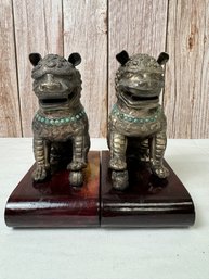 Pair Of Chinese Foo Dogs On Wood Pedestals