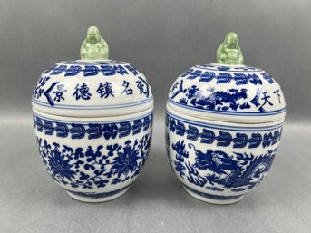 Pair Of Asian Covered Spice Jars Decorated With Buddah And Dragons.