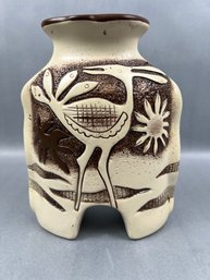 Chinese 2 Footed Bird And Flower Stoneware Vase.