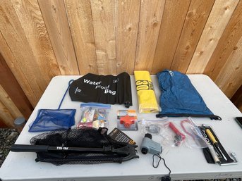 Assorted Lot 3 Waterproof Bags, 2 Nets, Bag Of Fish Lures & Assorted Tools