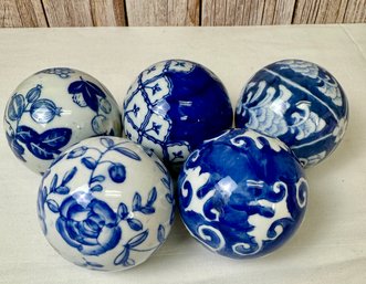 5 Blue Ceramic Balls.  5 Unique Designs