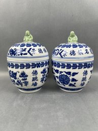 Pair Of Chinese Porcelain Spice Jars With Buddah And Dragons. Number 2.