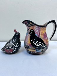 Bobwhite Pitcher And Statue Made In New Mexico.
