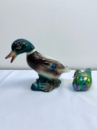 Ceramic Mallard And Glass Swan.
