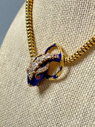 14k Antique Victorian Blue Enamel Snake Necklace, With Diamonds And Rubie