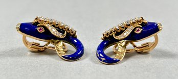 14k Diamond And Enamel Snake Clip Earrings