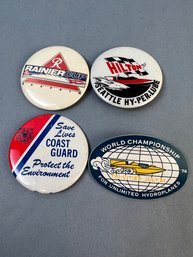 4 Vintage Hydroplane Racing Pins, Rainier & Hilton